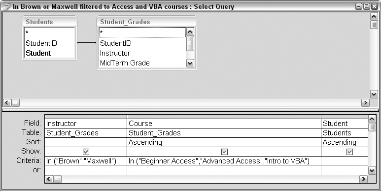 Using the IN operator for both the Instructor and Course fields