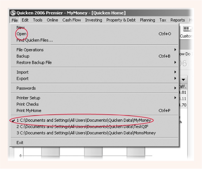 This is the File menu. To find and open a Quicken data file, choose Open (circled), or press Ctrl+0. The bottom of this menu lists recently opened data files and adds a checkmark to the one that’s currently open (in this case, MyMoney). Click a file name to open that file.