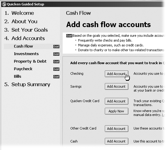 All cash flow accounts have something to do with spending and saving money, but Quicken provides different types of cash accounts, since they each work a bit differently. You can read the full descriptions of each on Section 2.2.