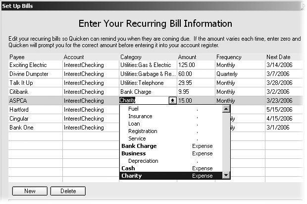For most recurring bills, you can type in all the particulars: the payee, the account you use to pay the bill, the category, the amount, how often you pay the bill, and when it’s due next. Except for the amount, each field includes a drop-down menu of likely choices, including the list of categories in your data file. You’ll learn much more about categories in Chapter 2.