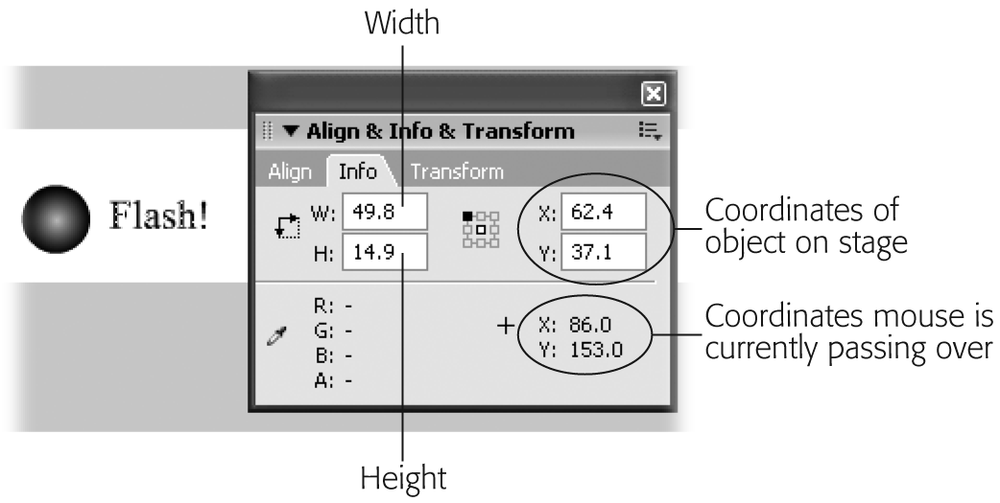 Select an object on the Stage, and the Info panel shows you the object’s width, height, XY coordinates, and color (expressed as RGB values and percentage of transparency). Move your mouse around the stage, and the bottom half of the Info panel shows you what color (and XY coordinates) your cursor is passing over.