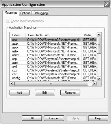 The Application Mappings dialog to set the .php file mapping