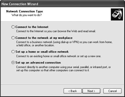 Selecting an advanced connection to set up VPN in Windows XP