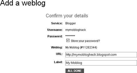 Confirming URL and account credentials of your blog site