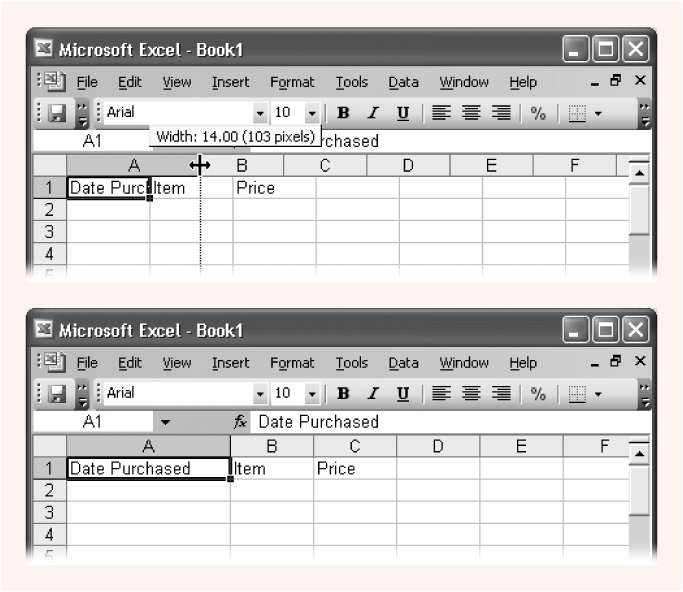 Top: To widen a column, position your mouse on the right border of the column header you want to expand, and then drag right.Bottom: When you release the mouse, Excel resizes the entire column of cells to the new size.
