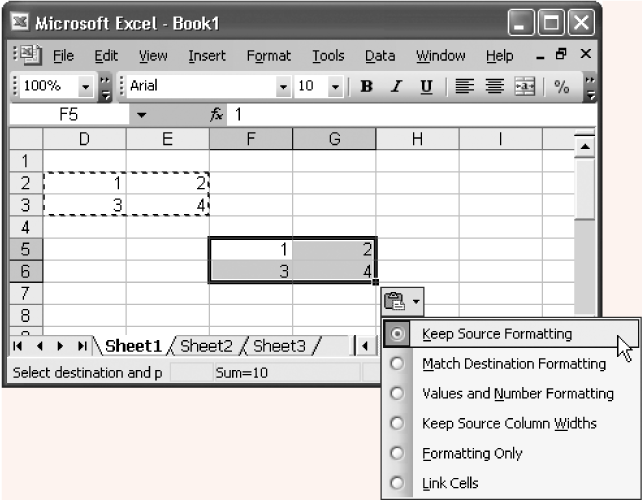 The paste icon appears following the completion of every paste operation, letting you control a number of options. For example, choosing "Values and number formatting," tells Excel to copy the cell content and the number format, but ignore other formatting information like font and cell color. Chapter 4 covers formatting.