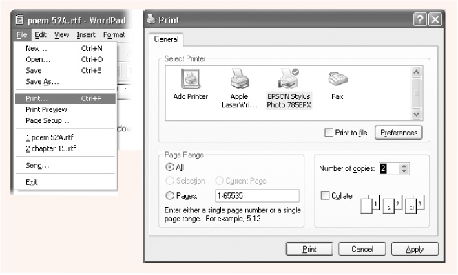 You can print documents without ever using the mouse. First, press Alt+F, which opens the File menu (left). Then type P to open the Print dialog box (right). Press Alt+C to highlight the Copies box, then type the number of copies you want. Finally, press Enter to “click” the Print button.