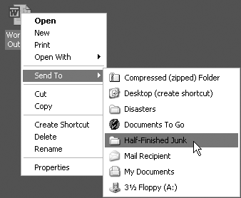 Clean up your clutter by filing icons inside folders. Right-click the icon, choose Send To from the shortcut menu, and choose the folder.