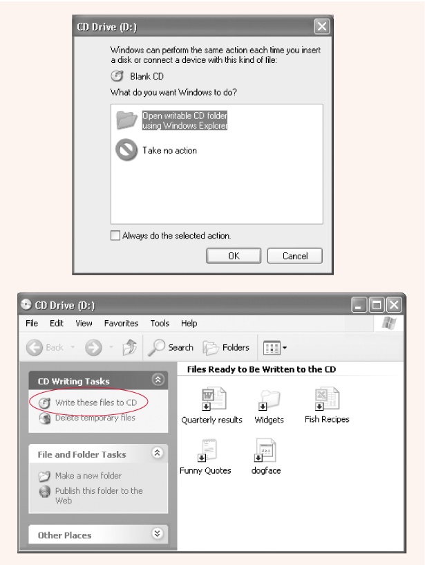 Top: When you insert a blank CD, this window appears, offering to open the writable CD folder that will hold shortcuts for the files you want to copy.Bottom: The little down arrow next to each file means it hasn’t been burned yet. Click “Write these files to CD” to start the burning process.