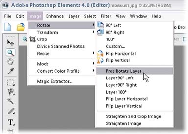 In a Missing Manual, when you see "Select Image â Rotate â Free Rotate Layer," that's a quicker way of saying "Go to the menu bar and click Image, and then slide down to Rotate and choose Free Rotate Layer from the pop-out menu.