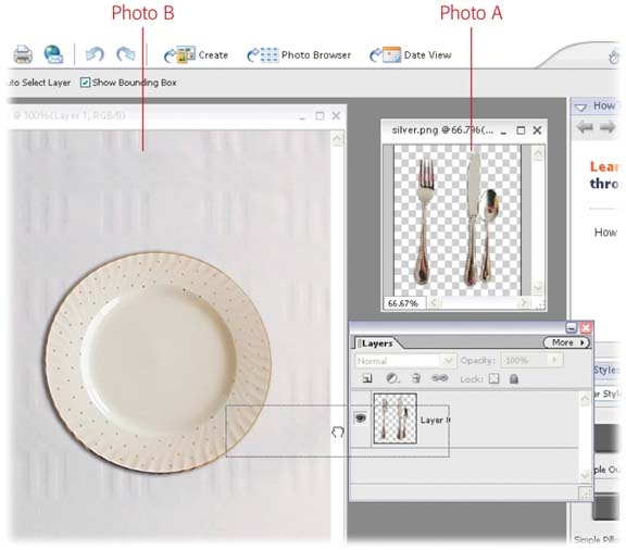This figure shows how to move objects from one photo to another. Here, the goal is to get the silverware from photo A (whose Layers palette is visible) onto the tablecloth in photo B whose image is visible). You always drag from the Layers palette onto a photo window when you combine parts of different images into a composite. (If you try to drag from a photo to a photo, it won't work.) You can use the Move tool to adjust your object's placement once you've dropped it into the image.