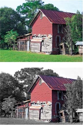 With Elements, you can easily remove the color from only part of an image.Top: Here, the photo is a regular color image. Bottom: In Elements, it's easy to remove the color from the rest of the photo, leaving only the barn in color. This section shows you three easy methods.