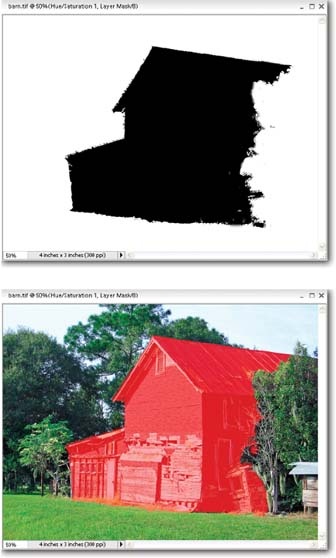 Elements not only lets you edit your layer mask, but gives you two different ways to see it.Top: To see the masked area in black, Alt+click the right thumbnail for the layer in the Layers palette.Bottom: To see the masked area in red, Alt+Shift+click the layer's thumbnail.