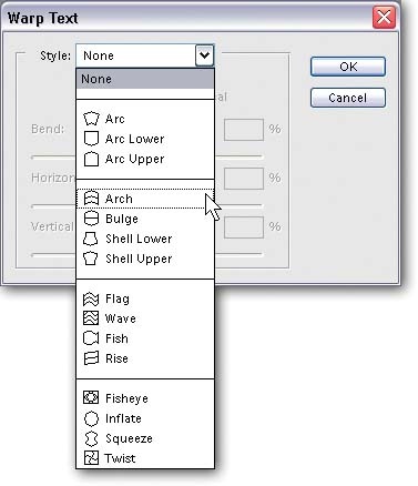As you see, you have a lot of choices for how to warp your text. Once you choose a warp style, you see sliders in the dialog box that you can use to further customize the effect.