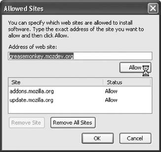 Allowed Sites dialog