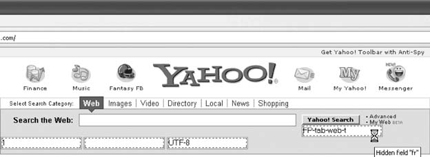 Yahoo! home page with hidden form fields