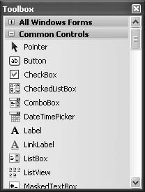 Partial view of the Visual Studio Toolbox