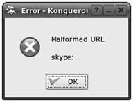 Entering a skype: style URL or clicking on a skype: link in a web page on a machine that doesn’t know how to handle skype: URLs will result in an error