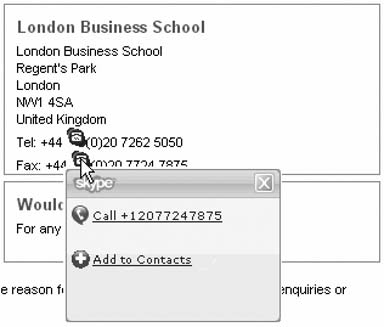 Fragment of a web page showing how the Skype Toolbar makes calling easy from web pages with phone numbers