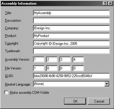 Specify the assembly version in the Assembly Information dialog