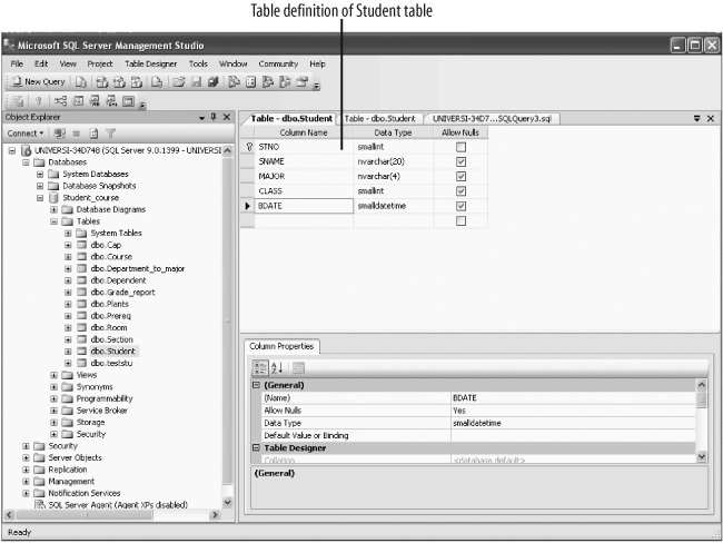 Viewing the table definition of the Student table using the Modify option