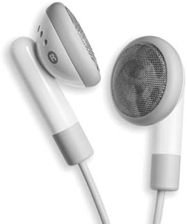 You’re supposed to wedge the iPod earbuds into your ear canals, preferably after covering each one with one of the included foam covers. As with any headphone, really loud music can damage hearing, so use the volume controls sensibly.