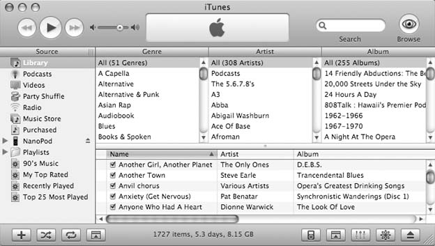 The Source list (left side) displays an icon for the iPod whenever it’s connected and a handy Eject button next to it, as well as your music library, playlists, songs from the Music Store, videos, podcasts, and Internet radio stations. The bottom of the window shows the number of songs and other files in the Library, and the consecutive days iTunes can play music without repeating songs.