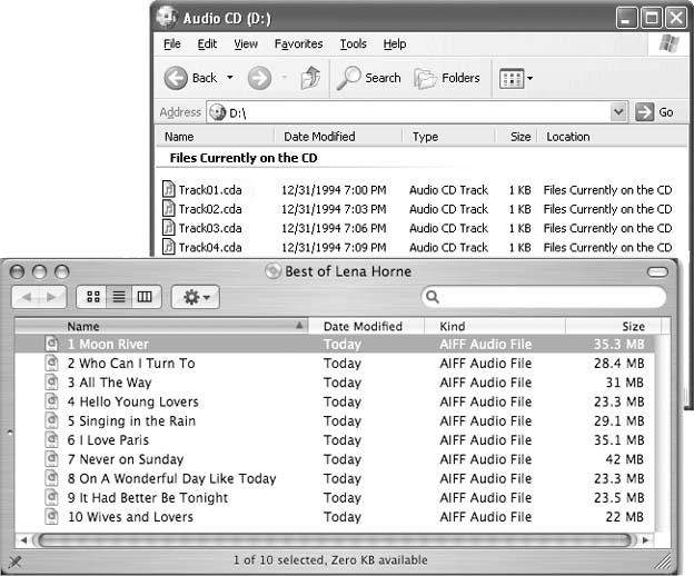 Left: Here’s what a desktop window looks like for a music CD inserted into a Mac: just like an MP3 playlist, except these AIFF files are much larger. Your computer can play these high-quality files, but they eat up a lot of hard drive space.Right: Audio files are more bashful when a disc is inserted into a Windows drive. The tracks on this CD remain hidden behind tiny pointer files; you can lure them out only with CD-extraction software.