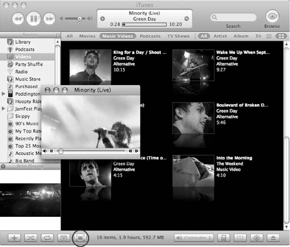 You can watch videos right in iTunes. You can see them in the Album Artwork Window, in a separate floating window (shown here) or at full-screen size by clicking the Full Screen button (circled). The two icons on the far right of the Search bar let you see your collection of videos—either as a list or as thumbnail images.