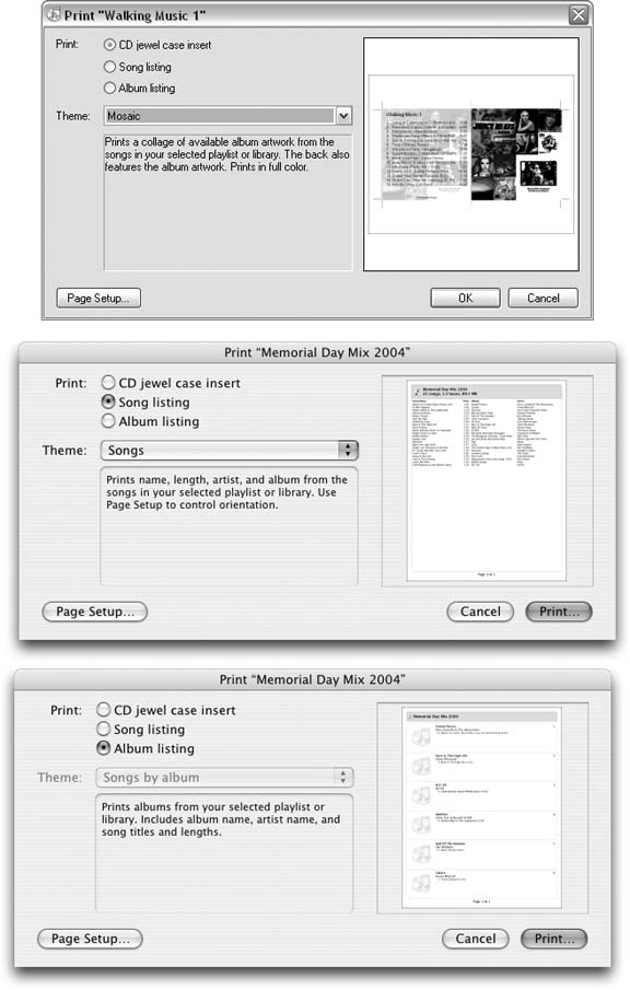 The Print dialog box gently guides you though making a CD jewel-case insert (top), just printing out a basic list of songs (middle), or creating a catalog listing of all the albums on a mix (bottom). In Mac OS X, you can also fax a copy of your document to someone (click the Print button to get to the Mac’s built-in fax option).