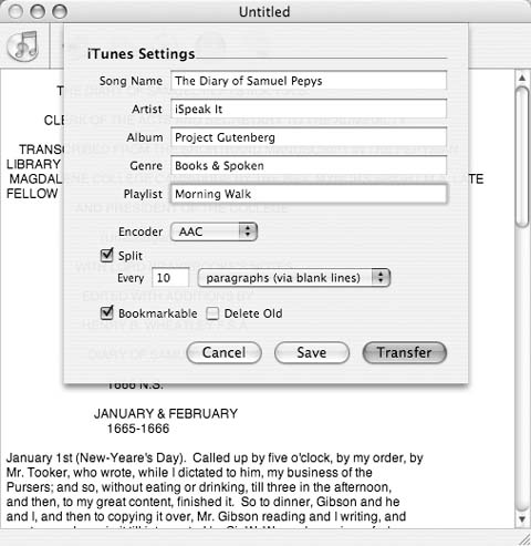 With iSpeak It, just import or paste in some text, and the program converts it to an audio track and sends it to iTunes–where it syncs up with your iPod.