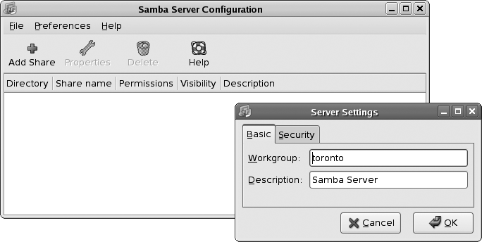 Samba configuration window