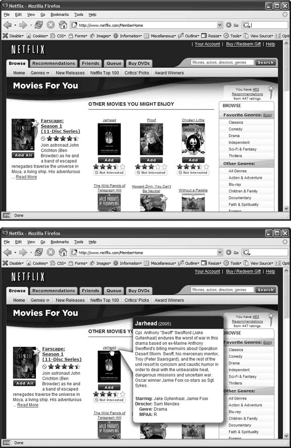 The visibility property is useful for hiding part of a page that you later want to reveal. The top image shows movie listings. Moving the mouse over one of the images makes a previously invisible pop-up message appear. Programmers usually use JavaScript to create this kind of effect, but you can use the CSS :hover pseudo-class to make an invisible element visible when a visitor mouses over a link.