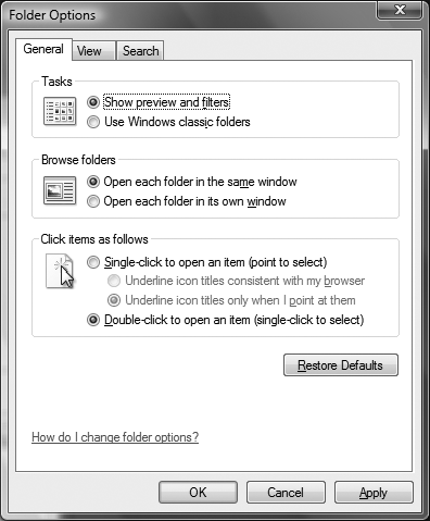 The General tab, which lets you turn off the Details and Preview panes in folder windows, among other options