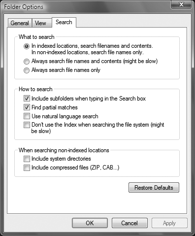 The Search tab, where you can customize many Search functions