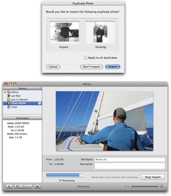 Top: If you’re not in the habit of using the “Delete items from camera after importing” option, you may occasionally see the “Import duplicates?” message. iPhoto notices the arrival of duplicates and offers you the option of downloading them again, resulting in duplicates on your Mac, or ignoring them and importing only the new photos from your camera. The latter option can save you a lot of time.Bottom: A nice feature in iPhoto 6: As the pictures get slurped into your Mac, iPhoto shows them to you, nice and big, as a sort of slideshow. You can see right away which ones were your hits, which were the misses, and which you’ll want to delete the instant the importing process is complete.