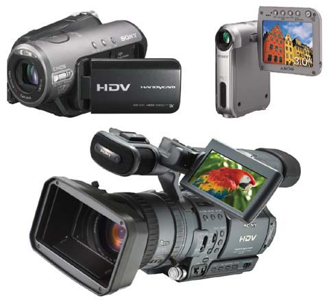 The model lineup changes constantly, and new formats come and go. Here, for example, are three of Sony’s digital camcorders.Top left: At its introduction, the world’s smallest and least expensive high-definition camcorder: the HC3, complete with widescreen (16:9) flip-out screens.Top right: The PC series represents some of the tiniest MiniDV camcorders you can buy.Bottom: The awesome, three-chip, semi-pro HDTV camcorder known as the HDR-FX1 (not to scale) is a camcorder that Apple calls a perfect companion for iMovie HD.