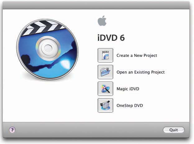 This dialog box pops up the very first time you run iDVD; whenever you close your iDVD project window without quitting the program; whenever you move or delete the iDVD preference file (in your Home → Library → Preferences folder, called com. apple.iDVD.plist); and whenever the most recent iDVD project file has been moved, renamed, or deleted.