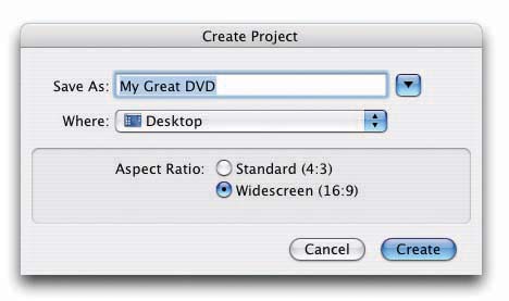 The friendly Create Project dialog box appears when it’s time to create a new project, specify a project name, say where to save the file, and let iDVD know which aspect ratio to use.