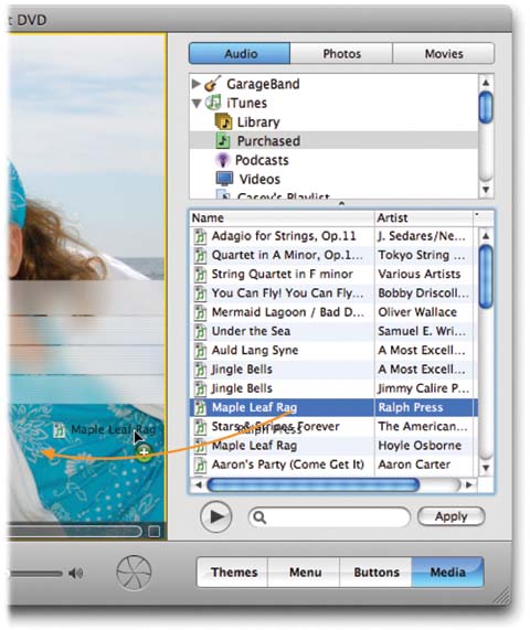 Here’s your mini-iTunes, right in iDVD. Use the playlists list at the top, or the Search box at the bottom, to find an appropriate song for your menu screen. Use the Play button (or doubleclick a song name) to listen to a song before placing it. Finally, drag the song you want directly onto the menu screen to install it there.