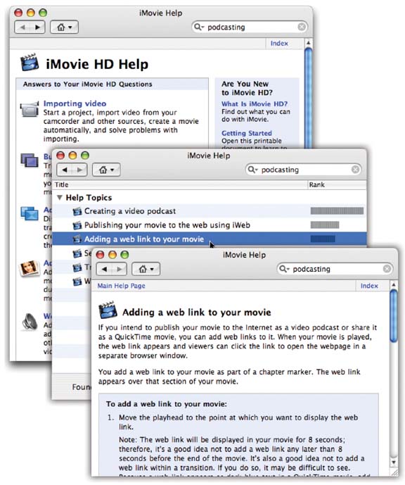 The Help Center’s first screen offers big-ticket links like What’s New and Solving Problems. Most people, however, start by typing a phrase into the search blank and then clicking Search (top).Middle: You get a list of Help pages that the Mac thinks might contain the information you want. The Relevance graph indicates how confident the Help program is. (A help page with a longer bar contains more occurrences of your search phrase relative to the rest of the text on it.)Double-click a topic to read the corresponding help page (bottom). Click the Back button at the top of the screen to return to the list of topics.
