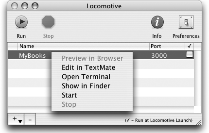 The project options menu in Locomotive