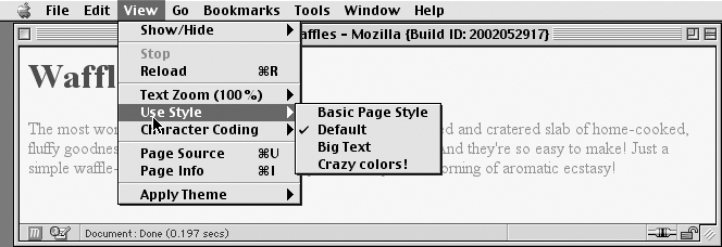 A browser offering alternate style sheet selection