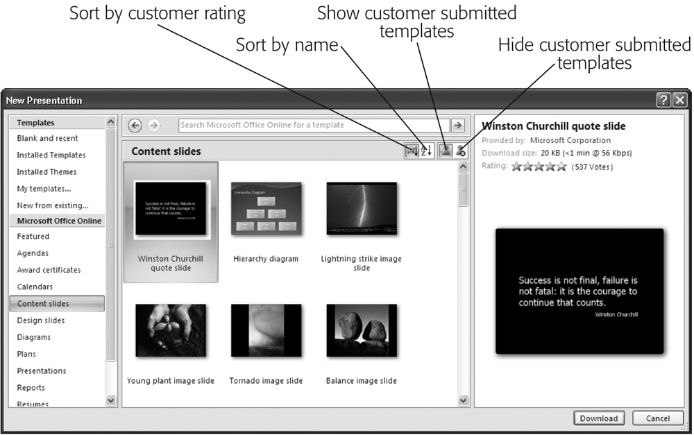 For finer control over the templates you see, select Rating Sort (which displays the most popular templates first, as determined by other PowerPoint fans), Name Sort (which displays named templates in alphabetical order), Show Customer Submitted (which displays all templates, including the ones other PowerPoint folks have uploaded), or Hide Customer Submitted (which shows only those templates created by Microsoft).