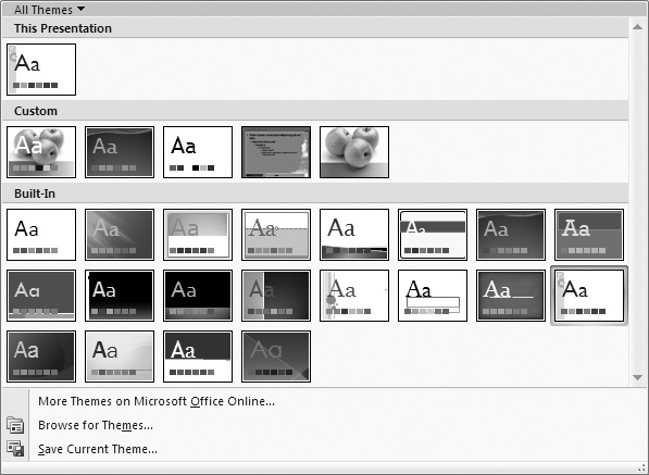 You can find additional themes on the Web and download them into PowerPoint by clicking More Themes on Microsoft Office Online.