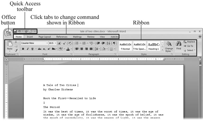 When you start Word 2007 for the first time, it may look a little top-heavy. The ribbon takes up more real estate than the old menus and toolbars. This change may not matter if you have a nice big monitor. But if you want to reclaim some of that space, you can hide the ribbon by double-clicking the active tab. Later, when you need to see the ribbon commands, just click a tab.