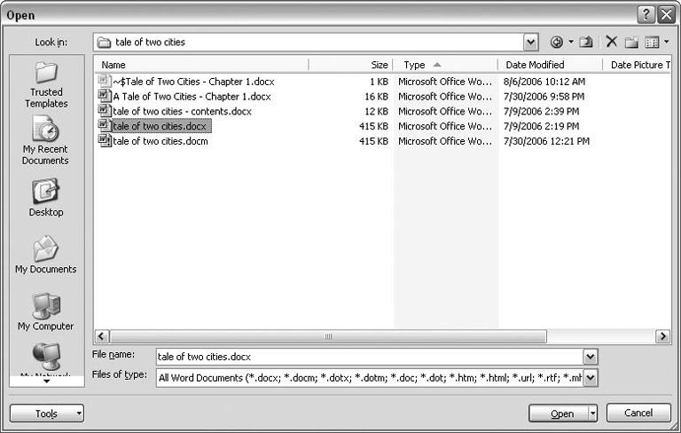 This Open dialog box shows the contents of the tale of two cities folder, according to the âLook inâ box at the top. The file tale of two cities. docx is selected, as you can see in the âFile name boxâ at the bottom of the window. By clicking Open, Mr. Dickens is ready to go to work.