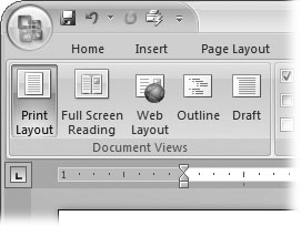 On the left side of the View tab, you find the five basic document views: Print Layout, Full Screen Reading, Web Layout, Outline, and Draft. You can edit your document in any of the views, although they come with different tools for different purposes. For example, Outline view provides a menu that lets you show or hide headings at different outline levels.