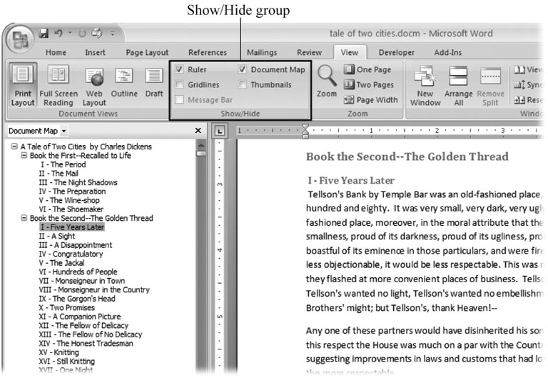 Use the Show/Hide group on the View tab to display or conceal Word tools. The Ruler gives you a quick and easy way to set tabs and margins. The Document Map is particularly helpful when you work with longer documents because it displays headings in the bar on the left of the screen. In the left pane, you can see that Mr. Dickens wrote more than his fair share of chapters.
