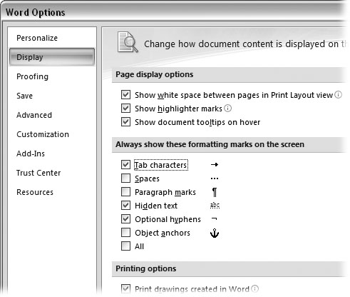 Use the Word Options box to reveal formatting characters like tabs, spaces, and paragraph marks. When you turn on the checkbox next to the mark, you see these nonprinting characters on your screen.